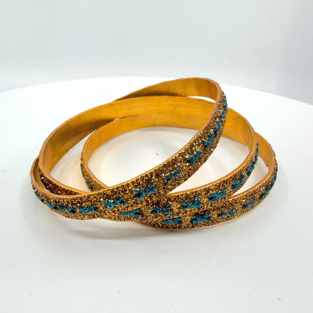 Vintage Y2K Gold Tone Chunky Teal Glitter Bangle Bracelets Set of 3